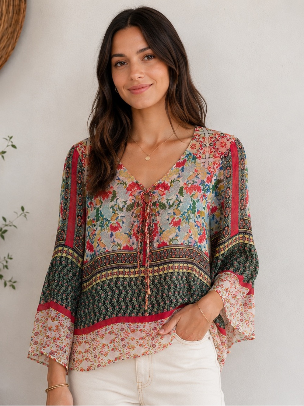 Figueroa & Flower Boho Floral Mixed Print Peasant Top Bell Sleeve Blouse Large P